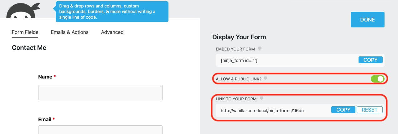 image of the public link options to allow public linking, and below it the link itself that appears when the setting is toggled on